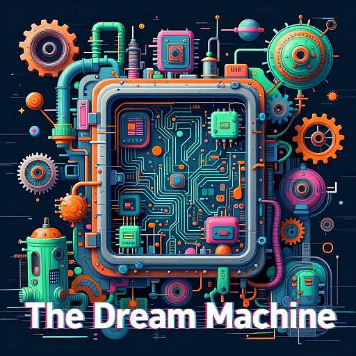 Digital art of colorful, neon-glowing, steampunk-inspired circuitry and gears surrounding a central square chip, with 