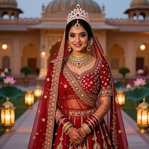 Photograph of an Indian bride in a red traditional lehenga with gold embroidery, veil, and jewelry, standing in a beautifully lit, ornate garden