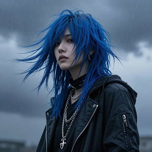 Photograph of a young woman with wild, bright blue hair, wearing a black jacket, multiple silver chains, and a cross pendant, standing in a