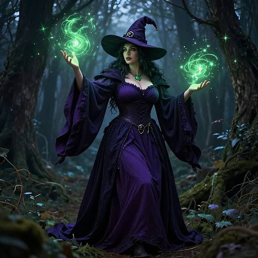 Digital artwork: Enchanting witch with dark purple dress and hat, glowing green magic circles, in a mystical, moonlit forest.
