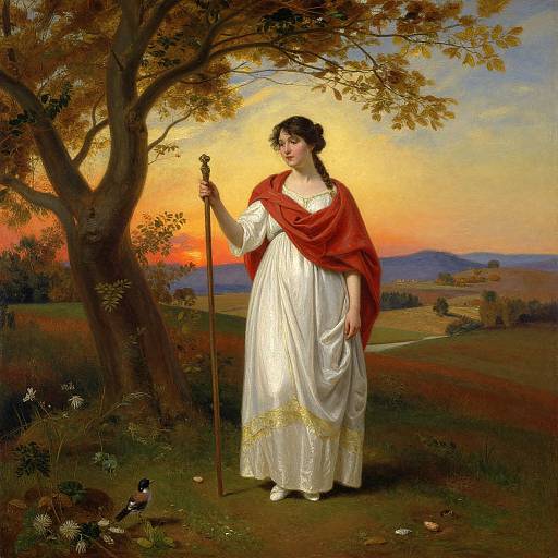 Painting of a fair-skinned woman in a white gown and red shawl, holding a staff, standing under a tree at sunset, with a