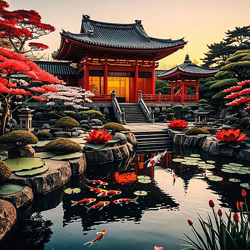 Serene Japanese Temple Garden at Sunset