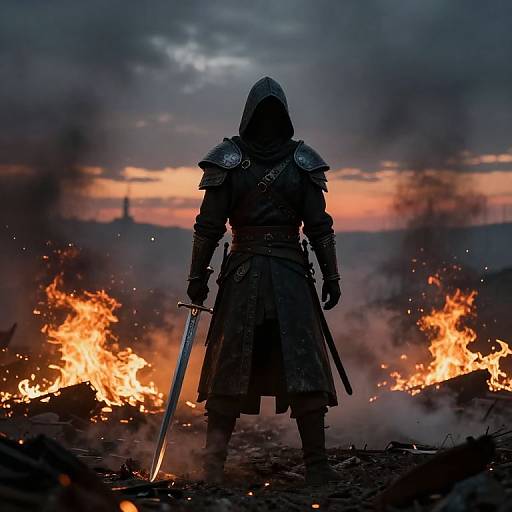 Silhouetted armored warrior with hooded cloak, standing amidst fiery inferno, holding sword, under a dark, dramatic sunset sky. Digital art