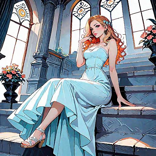 Elegant Woman in Strapless Maxi Dress on Stone Steps