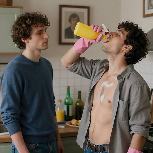 Man Drinking Cleaning Spray in Kitchen