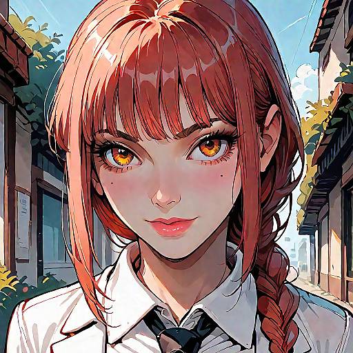 Digital anime-style portrait of a red-haired girl with amber eyes, braided hair, wearing a white shirt and black tie, standing in a sunlit