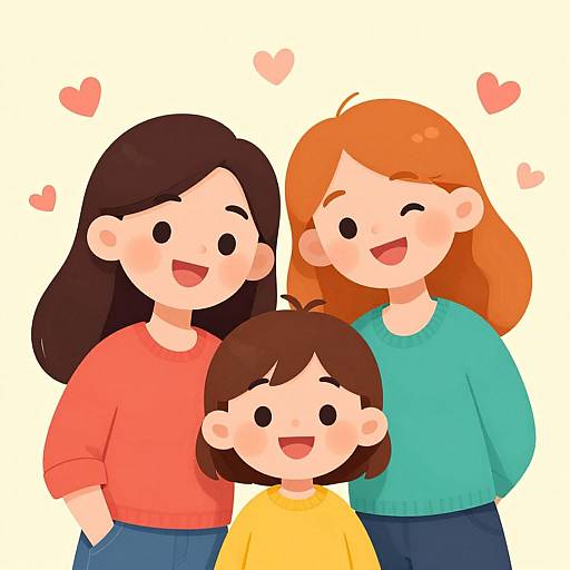 Digital cartoon of a happy family: two smiling women with long hair (black and orange), one in a red shirt, the other in teal; and