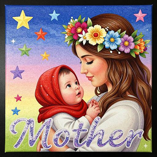 Digital illustration of a smiling woman with a flower crown, holding a baby in a red hijab, colorful stars background, 