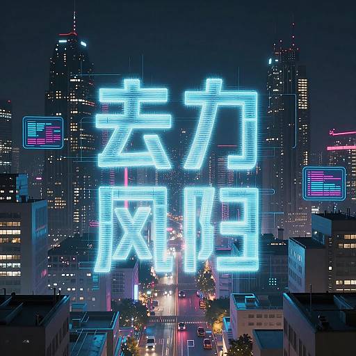 Neon-lit Japanese cityscape at night, featuring large glowing blue kanji characters above a bustling street with illuminated skyscrapers and neon signs in