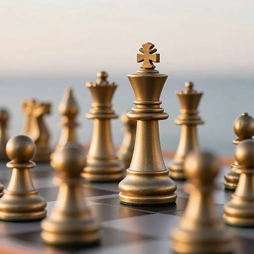 Metallic Chess Pieces in Warm Sunlight