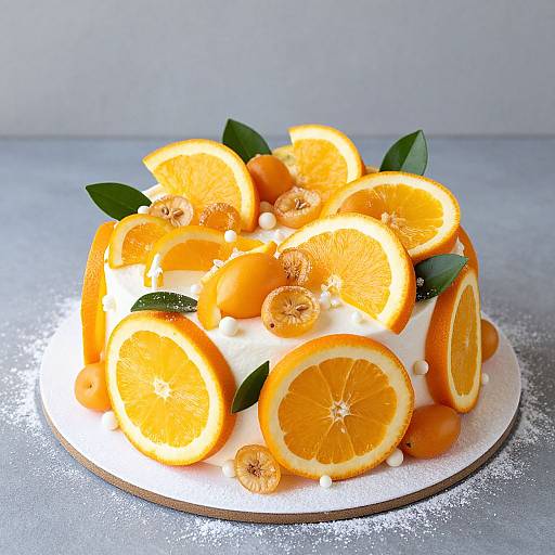 Photograph of a white cake topped with sliced oranges, orange halves, and pomegranate seeds, garnished with green leaves, on a silver