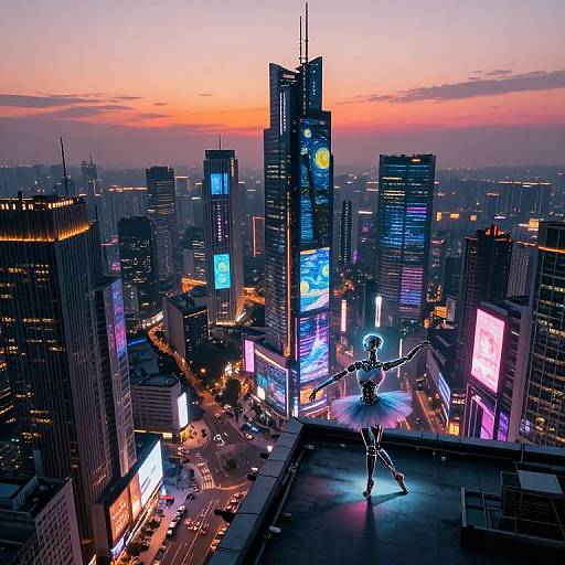 Aerial photograph of a neon-lit cityscape at sunset, featuring a robotic figure on a rooftop with illuminated skyscrapers in the background.