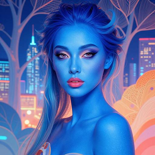 Digital artwork of a blue-toned woman with glowing orange lips, long blonde hair, and intense eyes, set against a neon cityscape with colorful skys