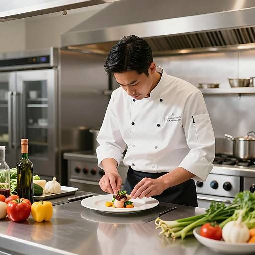 Photograph of an Asian male chef in a white uniform, plating colorful food on a stainless steel kitchen counter, surrounded by fresh vegetables and kitchen appliances