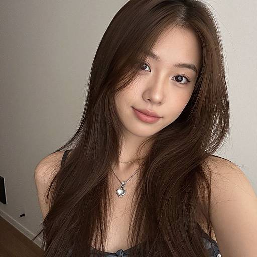 Photograph of an Asian woman with long, dark brown hair, wearing a black strap dress and a silver heart necklace, smiling softly against a plain white