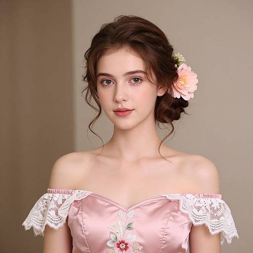 Photograph of a young woman with fair skin, brown wavy hair, and a pink flower in her hair, wearing a pink satin off-should