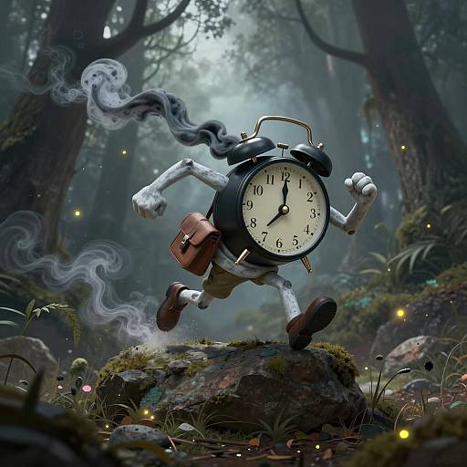 Anthropomorphic Alarm Clock Sprinter in Mystical Forest
