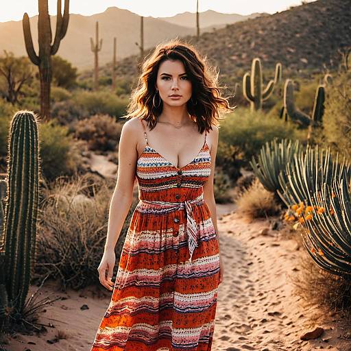 Woman in Colorful Sundress in Desert Landscape