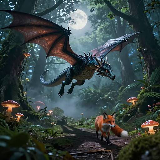 Digital fantasy artwork: A dragon with blue scales and red wings hovers above a red fox on a forest path, surrounded by glowing mushrooms under a moon