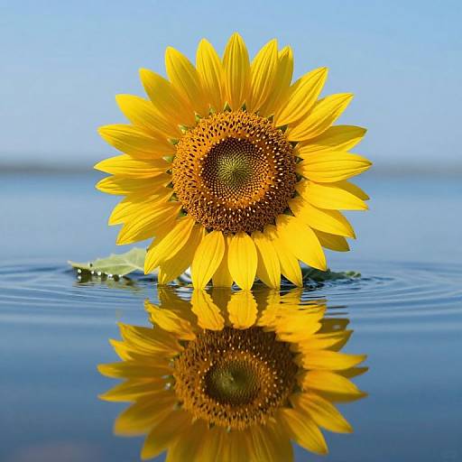 Photograph of a vibrant yellow sunflower with a reflective water surface, floating on calm blue water, ripples around stem.