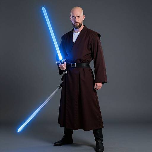 Photograph of a bald, bearded man in a black Jedi robe holding a glowing blue lightsaber against a dark gray background.