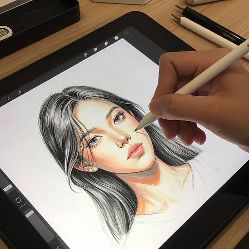 Photograph of a hand using a white pencil to draw a detailed, realistic digital portrait of a woman with silver hair on a tablet. Background includes a