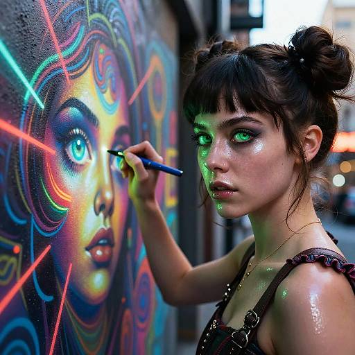 Cyberpunk Street Artist Painting Neon Mural