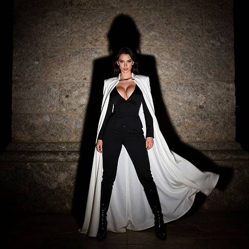Photograph of a dark-haired woman in a deep V-neck black jumpsuit and long white cape, standing against a textured stone wall, casting a dramatic