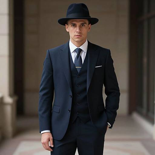 Photograph of a young, handsome Caucasian man with fair skin, wearing a black three-piece suit, white shirt, black tie, and black bowler