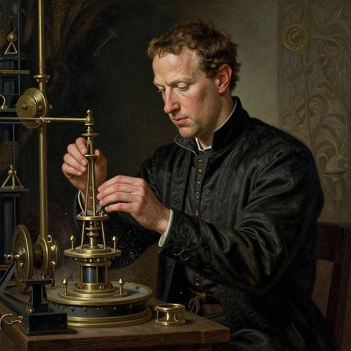 Photograph of a focused, light-skinned man with curly brown hair, wearing a black buttoned shirt, adjusting an antique brass mechanical device in a