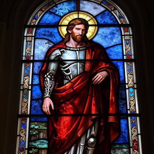Stained glass window depicting a bearded, armored Jesus with a golden halo, draped in a red robe, set against a blue and white background.