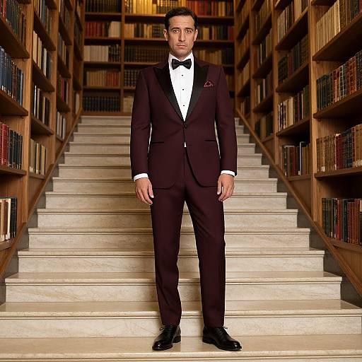 Photograph of a serious, dark-haired man in a black tuxedo with bow tie, standing on marble stairs in a library with wooden booksh
