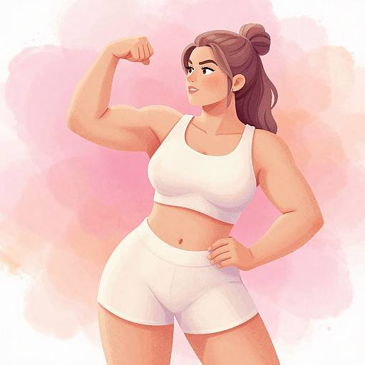 Digital anime-style drawing of a confident, curvy woman with light brown skin, brown hair in a bun, flexing her right arm, wearing a