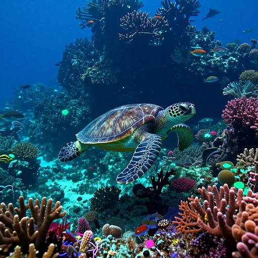 Photograph of a vibrant underwater scene featuring a green sea turtle swimming among colorful coral reefs and various fish, illuminated by blue ocean light.