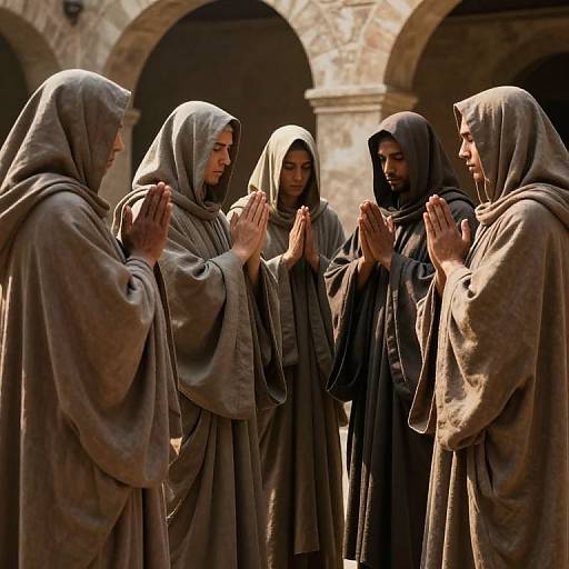 Photograph of six medieval monks in brown robes, hands clasped in prayer, standing in a sunlit stone archway.