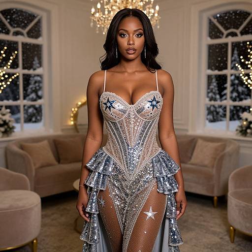 Photograph of a beautiful Black woman with long black hair wearing a sparkly silver and blue star-patterned sheer dress with ruffled bottoms, standing in