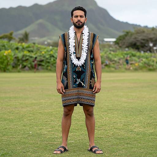 Photograph of a bearded man with dark hair, wearing a traditional, patterned, sleeveless garment with a white flower lei, standing on grass