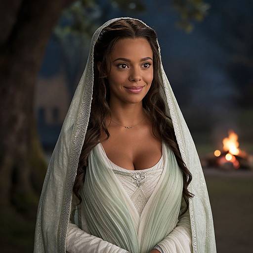 Photograph of a beautiful woman with dark brown skin and long black hair, wearing a white, lace-trimmed veil and traditional dress, standing outdoors