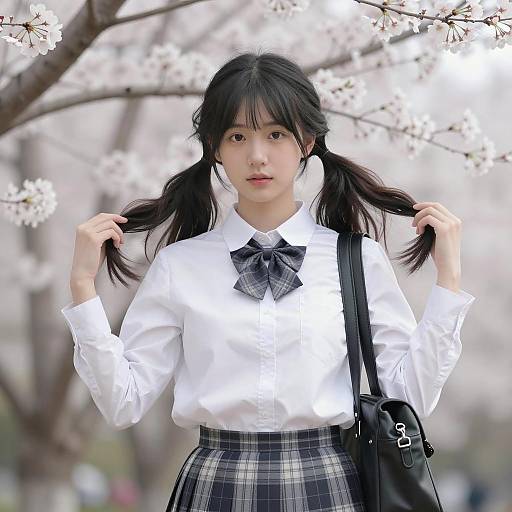 Springtime Asian Woman with Cherry Blossoms