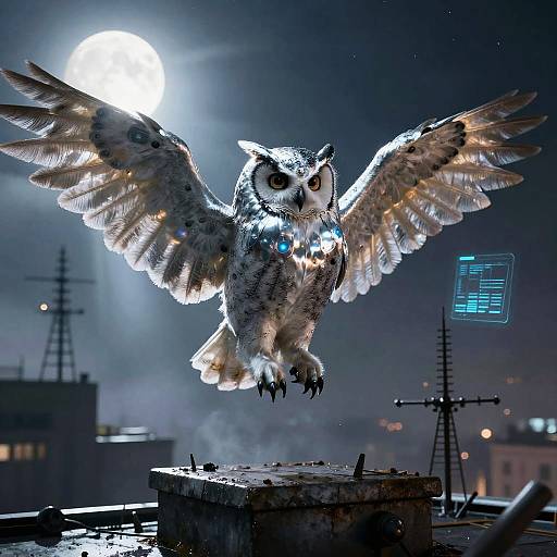 Photorealistic CGI of a glowing, detailed owl with outstretched wings mid-flight over a moonlit rooftop, surrounded by urban silhouettes.