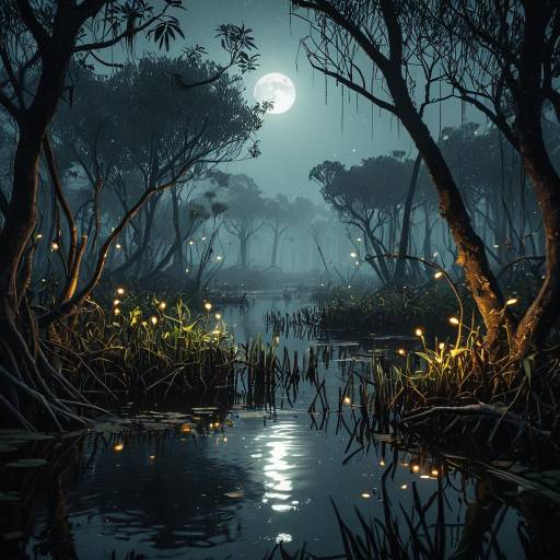 Mystic Foggy Swamp with Moonlight and Fireflies Mystic Foggy Swamp with Moonlight and Fireflies