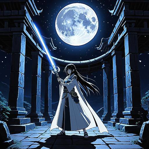 Moonlit Priestess with Crescent Blade in Lunar Temple