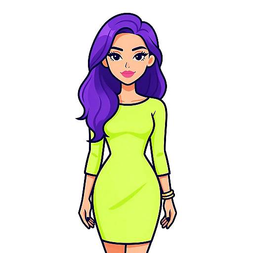 Digital illustration of a confident woman with long purple hair, wearing a form-fitting, neon yellow dress, standing against a white background.