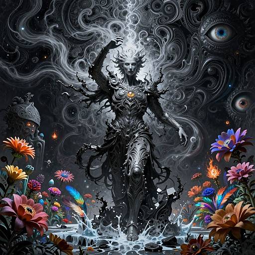 Digital artwork of a dark, intricate, humanoid figure with swirling eyes, surrounded by colorful flowers and chaotic, smoke-like patterns.