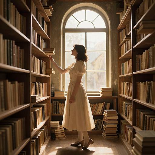 Photograph of a woman in a vintage yellow dress, reaching for books in a sunlit, narrow library aisle with tall shelves.