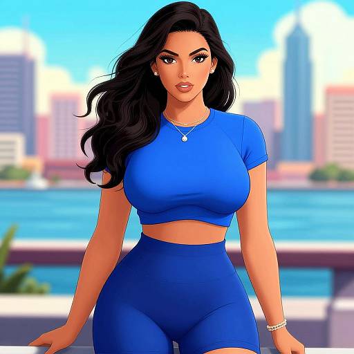 Digital illustration of a curvy woman with long black hair, wearing a blue crop top and high-waisted leggings, standing in front of a blurred