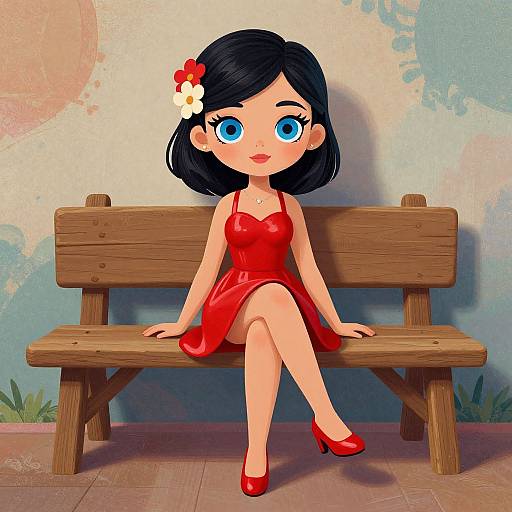 Digital cartoon of a cute girl with blue eyes, black bob hair, red dress, red shoes, sitting on a wooden bench.