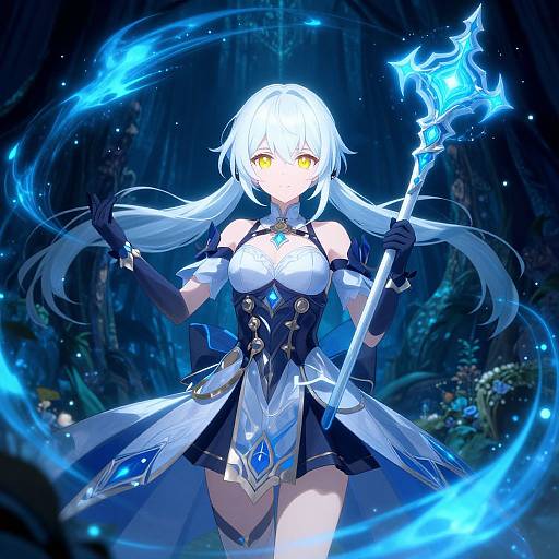 Digital anime-style artwork of a white-haired, yellow-eyed, blue and white armored mage girl holding a glowing, electric staff in a dark, mystical forest