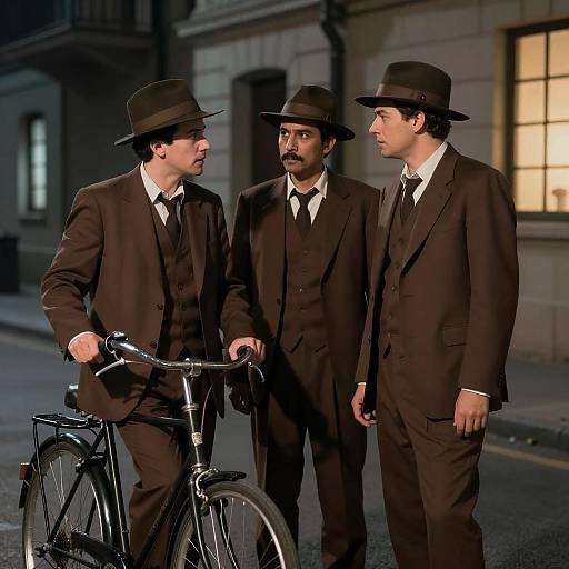 Three Men in Brown Suits at Night