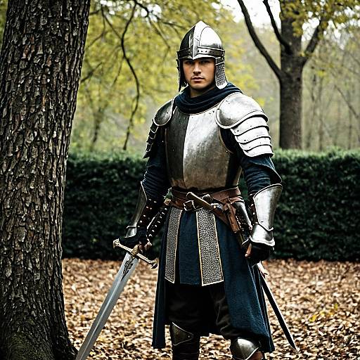 Medieval Warrior in Full Armor Outdoors